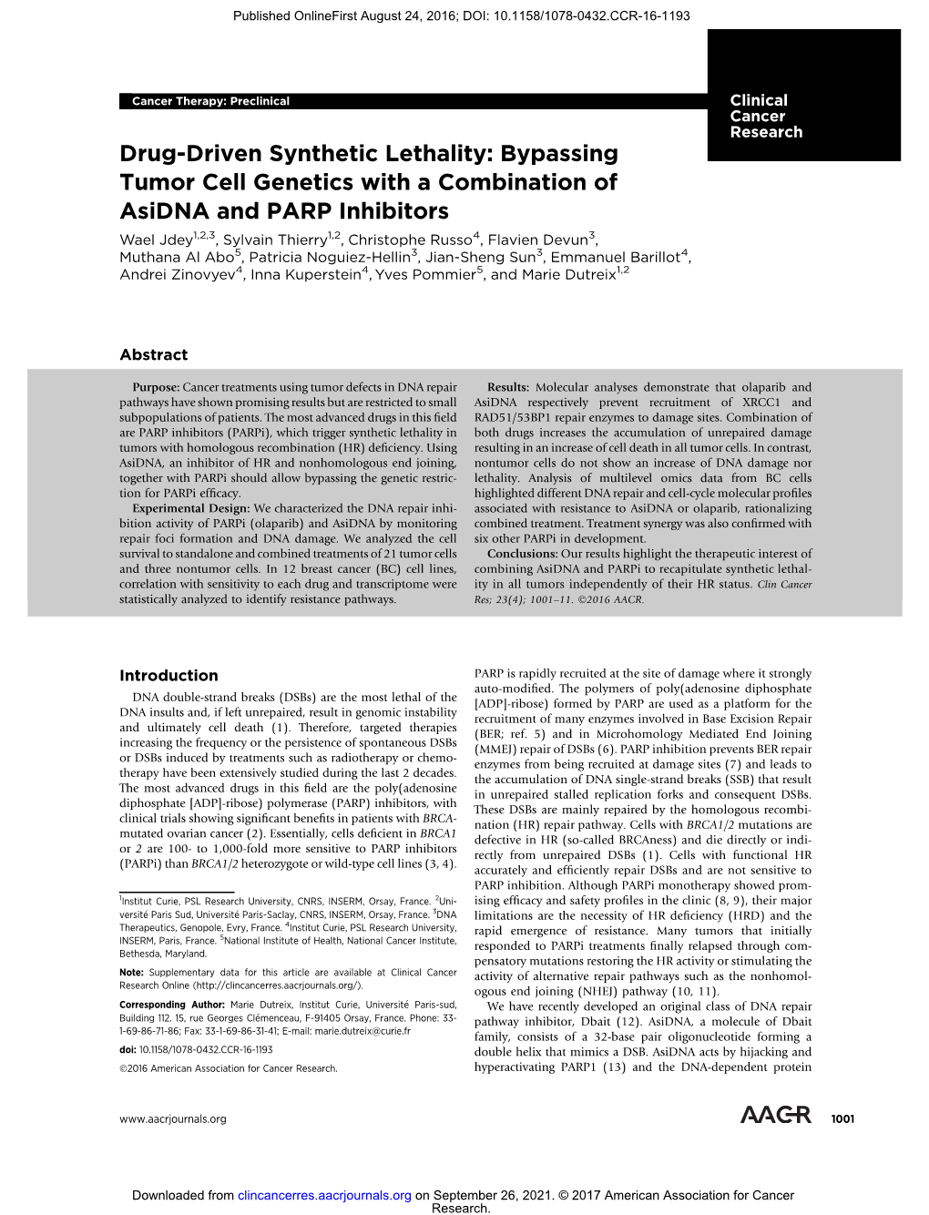 Bypassing Tumor Cell Genetics with a Combination of Asidna and PARP