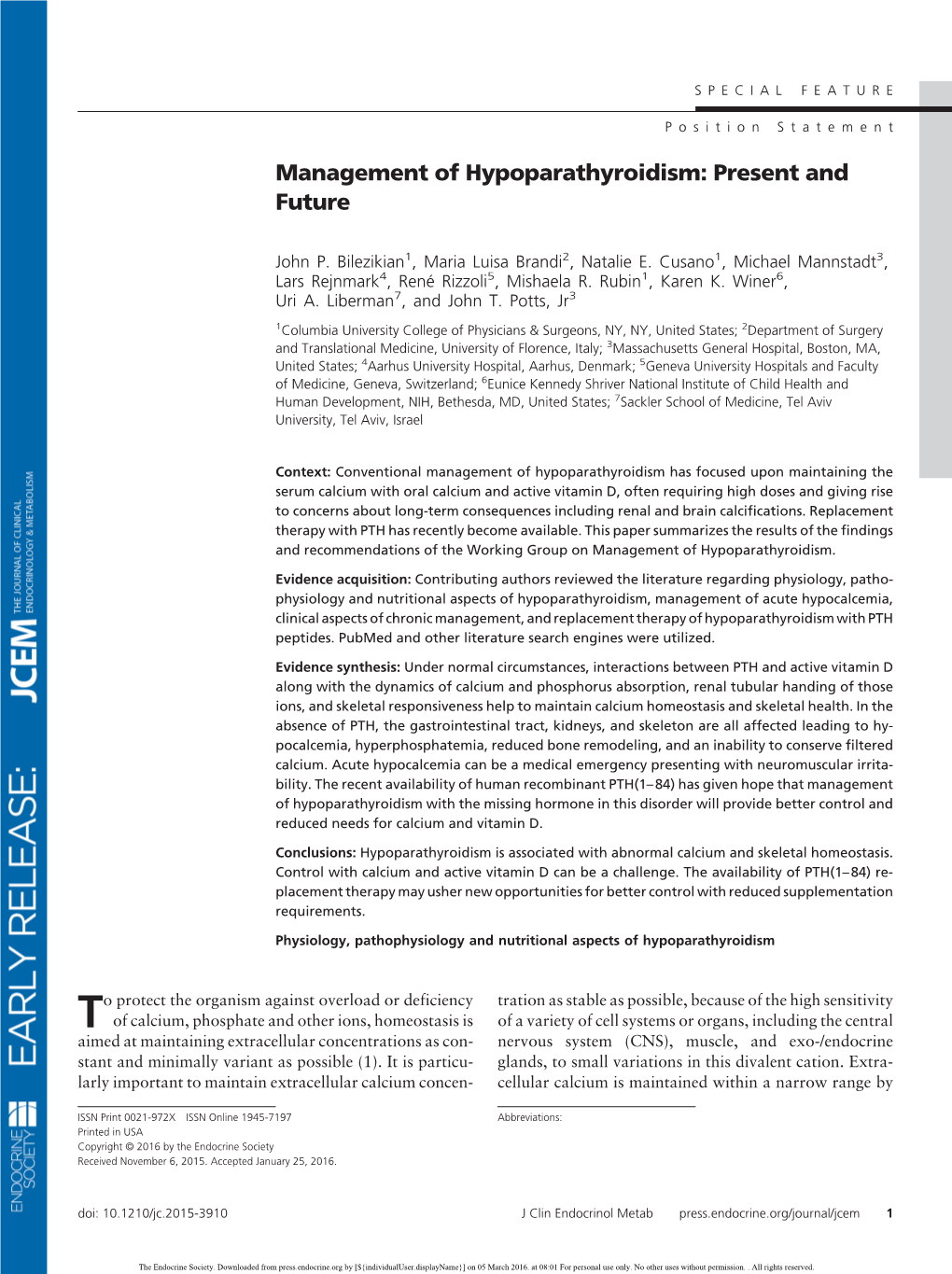 Management of Hypoparathyroidism: Present and Future