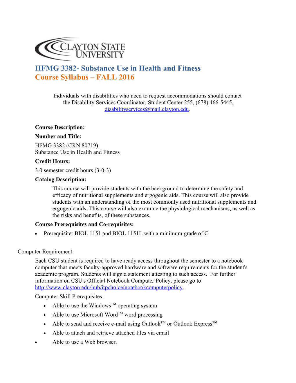 HFMG 3382- Substance Use in Health and Fitness Course Syllabus FALL 2016