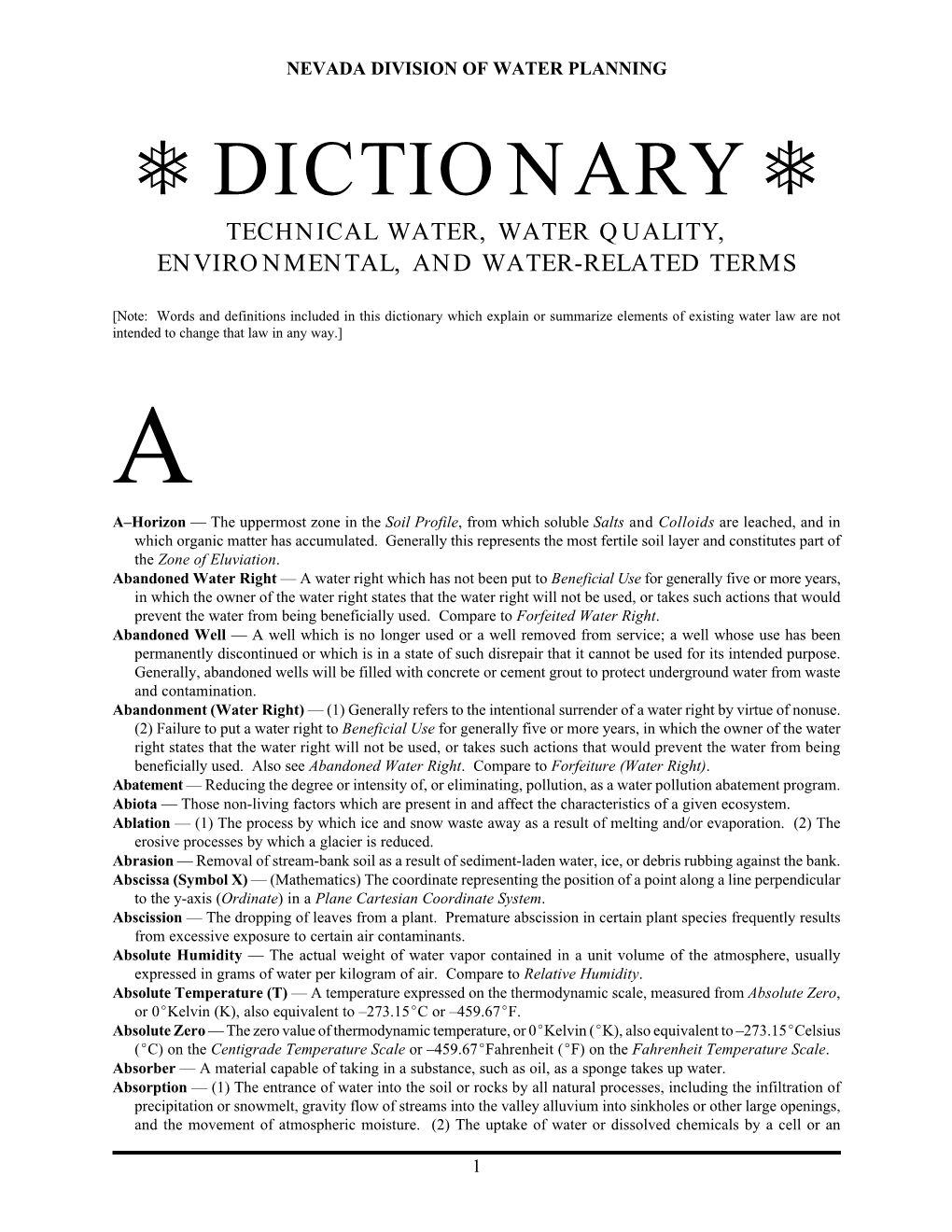 ‡ Dictionary ‡ Technical Water, Water Quality, Environmental, and Water-Related Terms