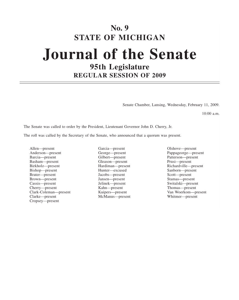 Journal of the Senate 95Th Legislature REGULAR SESSION of 2009