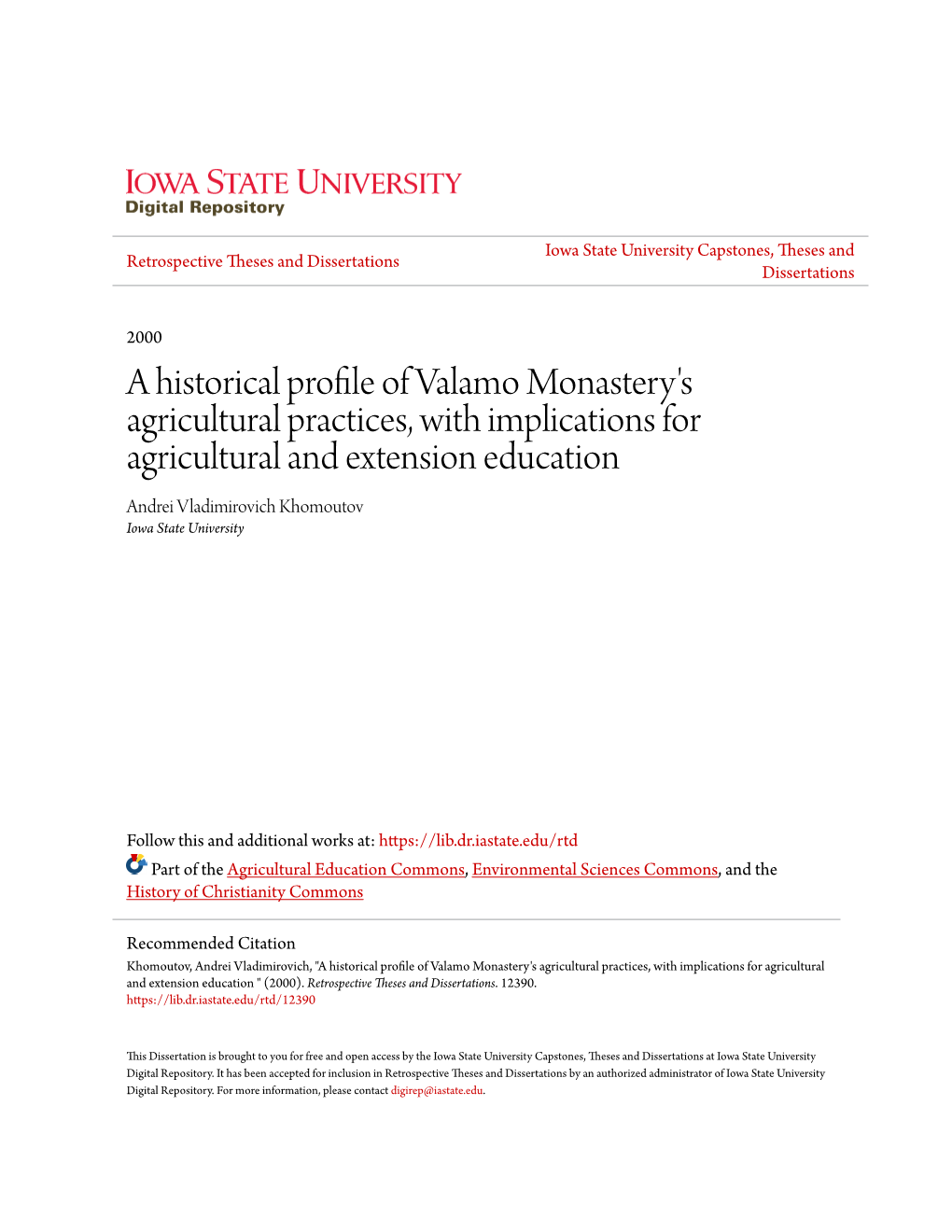 A Historical Profile of Valamo Monastery's Agricultural Practices