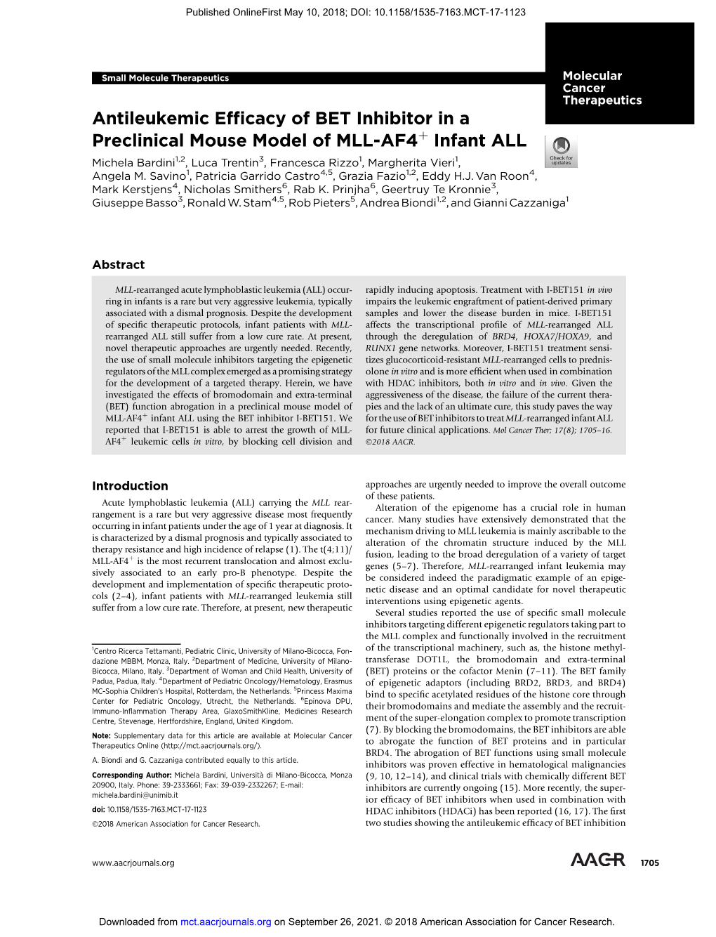 Antileukemic Efficacy of BET Inhibitor in a Preclinical Mouse Model of MLL-AF4 + Infant ALL