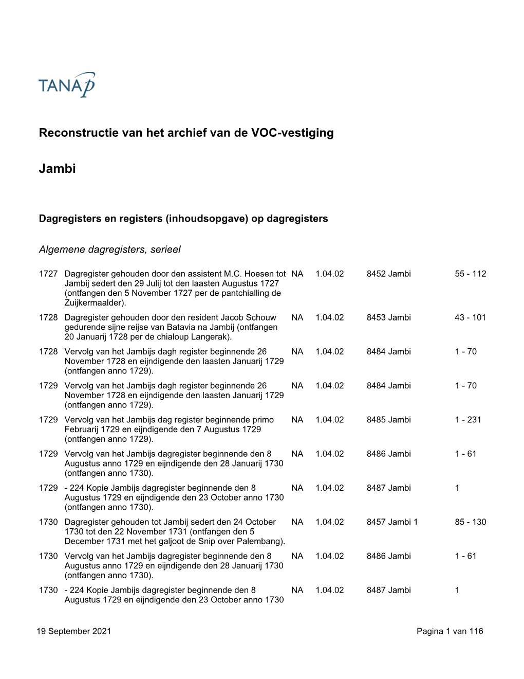 Reconstructie Van Het Archief Van De VOC-Vestiging