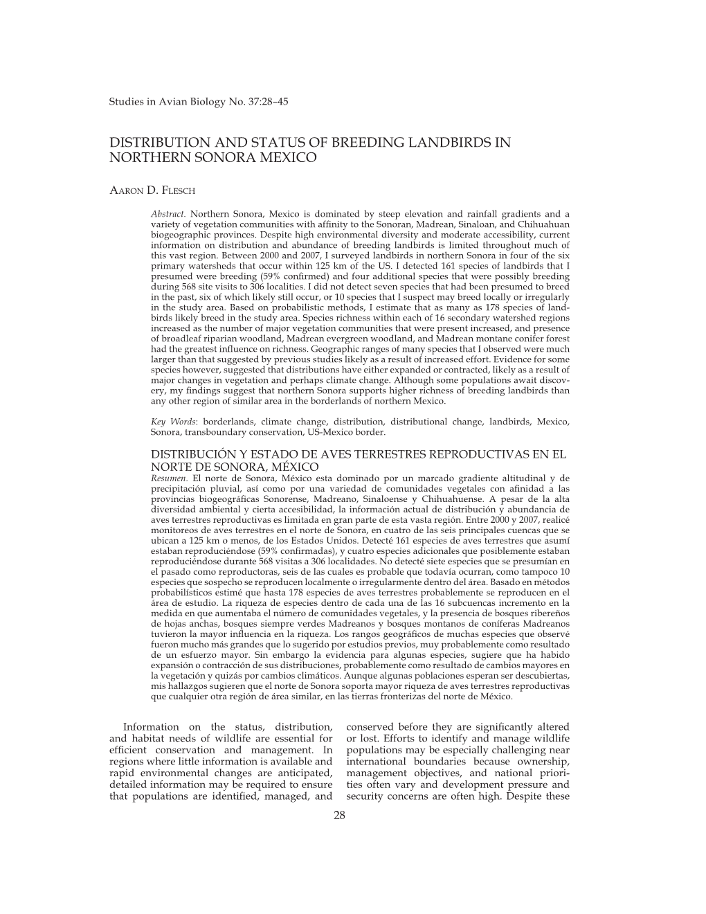 SAB 037 2008 P28-45 Distribution and Status of Breeding Landbirds in Northern Sonora Mexico Aaron D. Flesch.Pdf