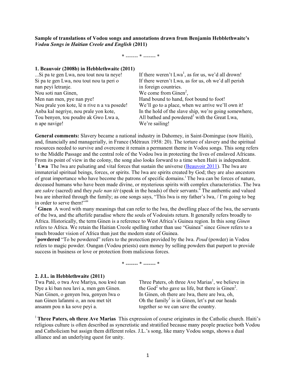 1 Sample of Translations of Vodou Songs and Annotations Drawn from Benjamin Hebblethwaite's Vodou Songs in Haitian Creole