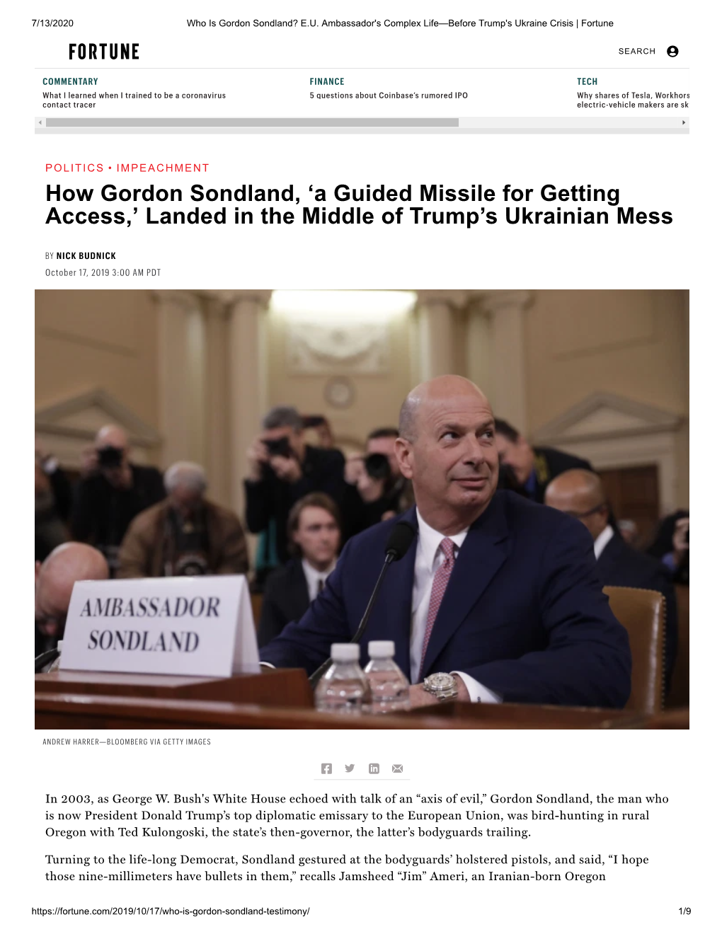 How Gordon Sondland, ‘A Guided Missile for Getting Access,’ Landed in the Middle of Trump’S Ukrainian Mess