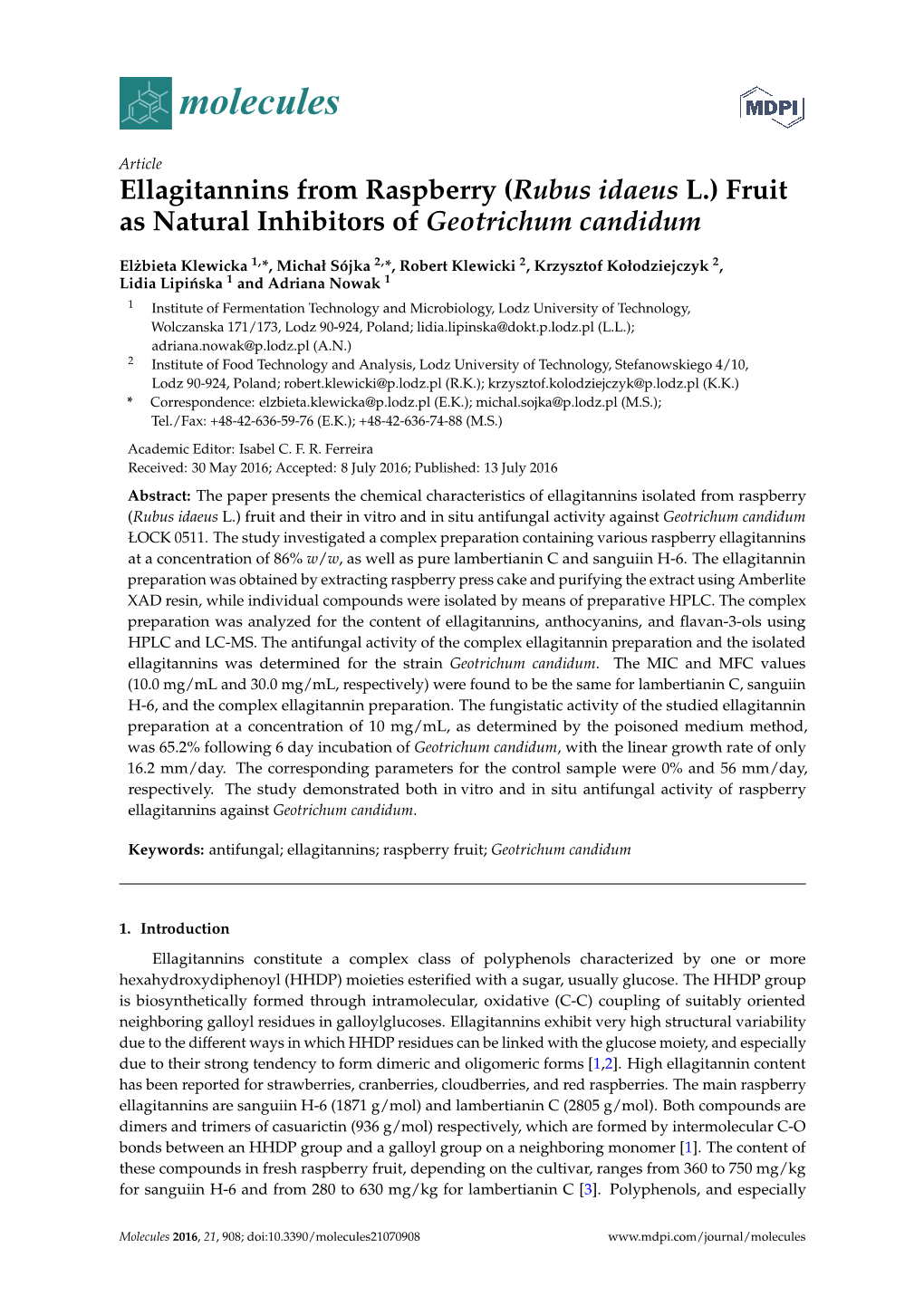 Ellagitannins from Raspberry (Rubus Idaeus L.) Fruit As Natural Inhibitors of Geotrichum Candidum