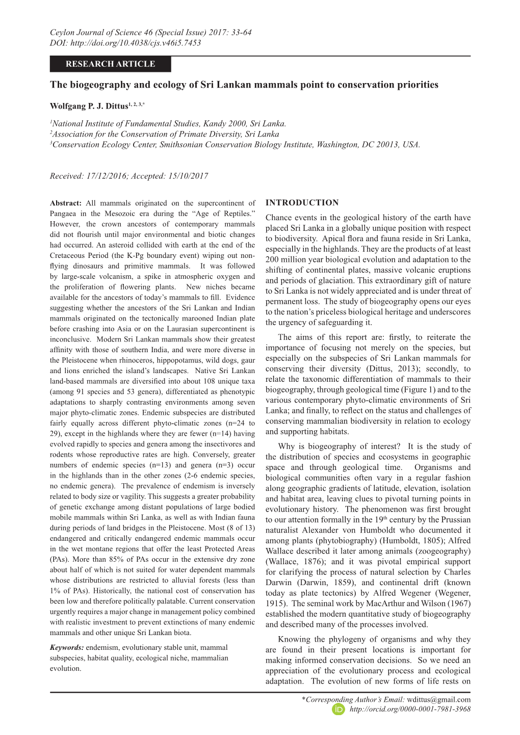 The Biogeography and Ecology of Sri Lankan Mammals Point to Conservation Priorities