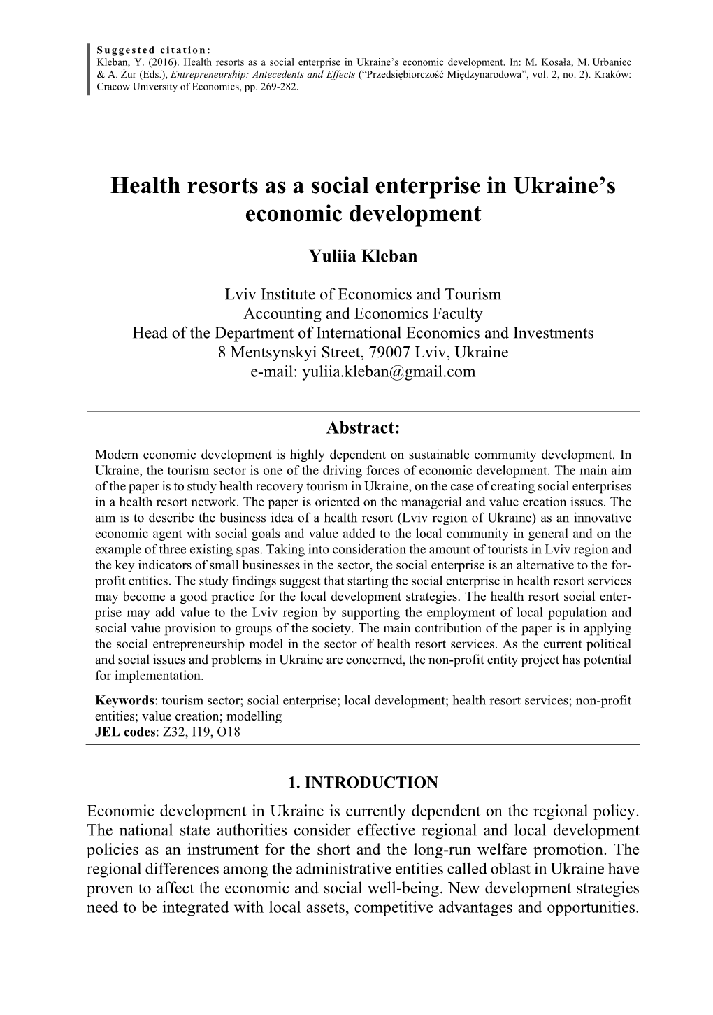 Health Resorts As a Social Enterprise in Ukraine's Economic Development