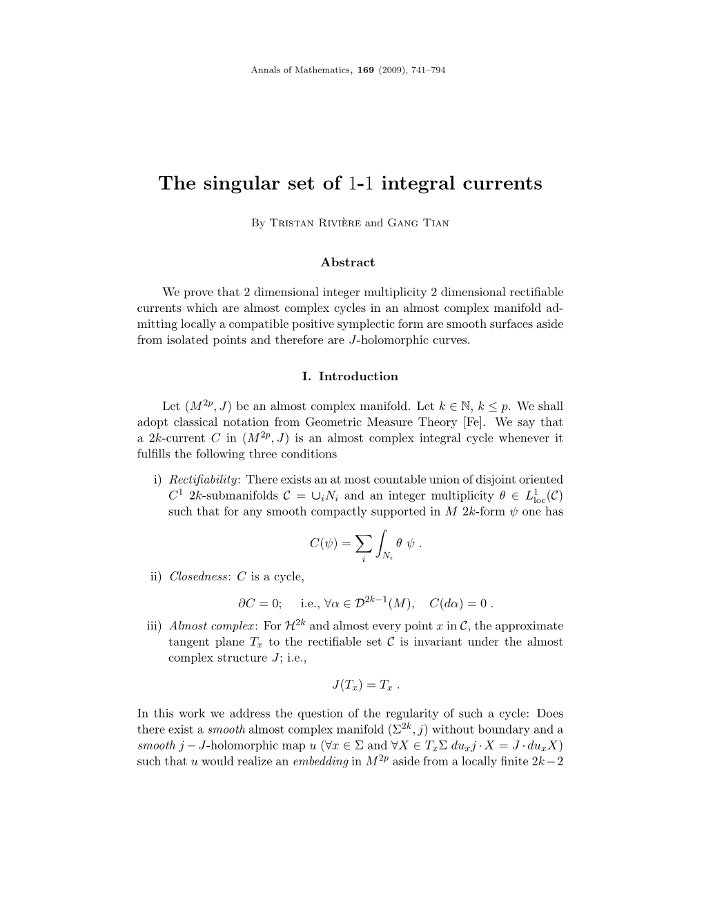 The Singular Set of 1-1 Integral Currents