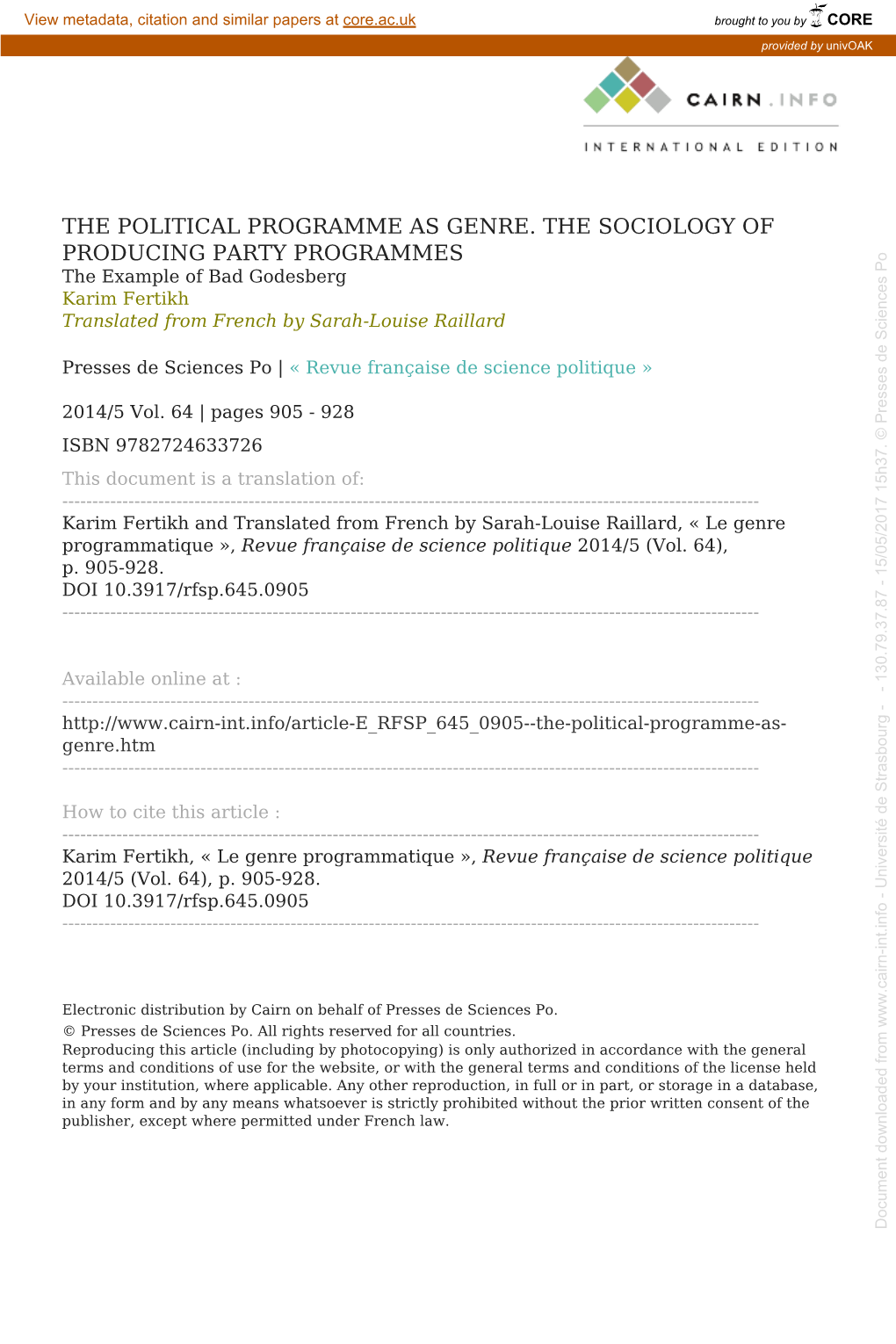 THE POLITICAL PROGRAMME AS GENRE. the SOCIOLOGY of Document Downloaded from - Université De Strasbourg 130.79.37.87 15/05/2017 15H37