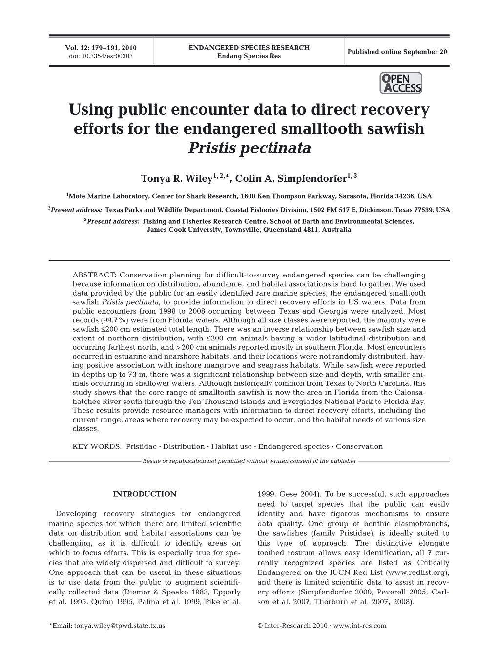 Using Public Encounter Data to Direct Recovery Efforts for the Endangered Smalltooth Sawfish Pristis Pectinata