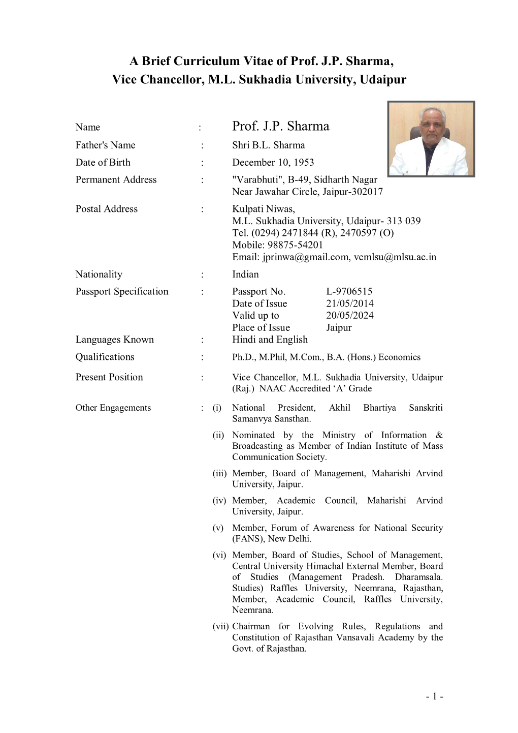 A Brief Curriculum Vitae of Prof. JP Sharma, Vice Chancellor, ML