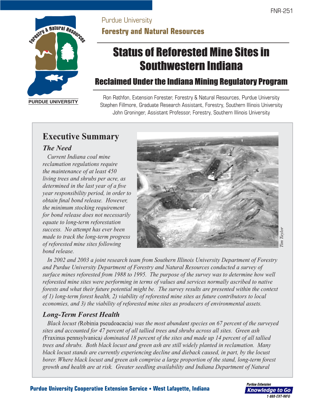 Status of Reforested Mine Sites in Southwestern Indiana Reclaimed Under the Indiana Mining Regulatory Program