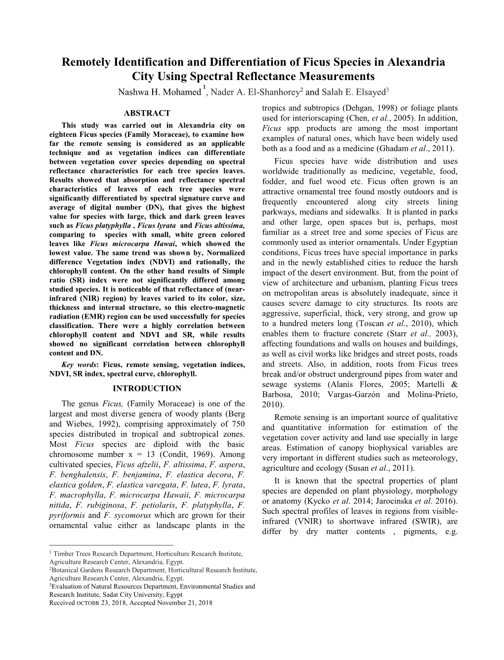 Remotely Identification and Differentiation of Ficus Species in Alexandria City Using Spectral Reflectance Measurements Nashwa H