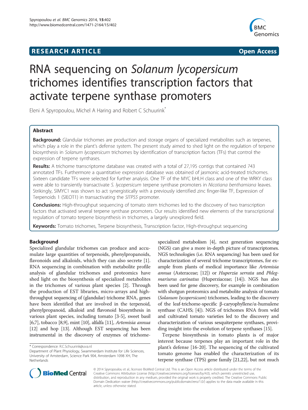 RNA Sequencing on Solanum Lycopersicum Trichomes Identifies