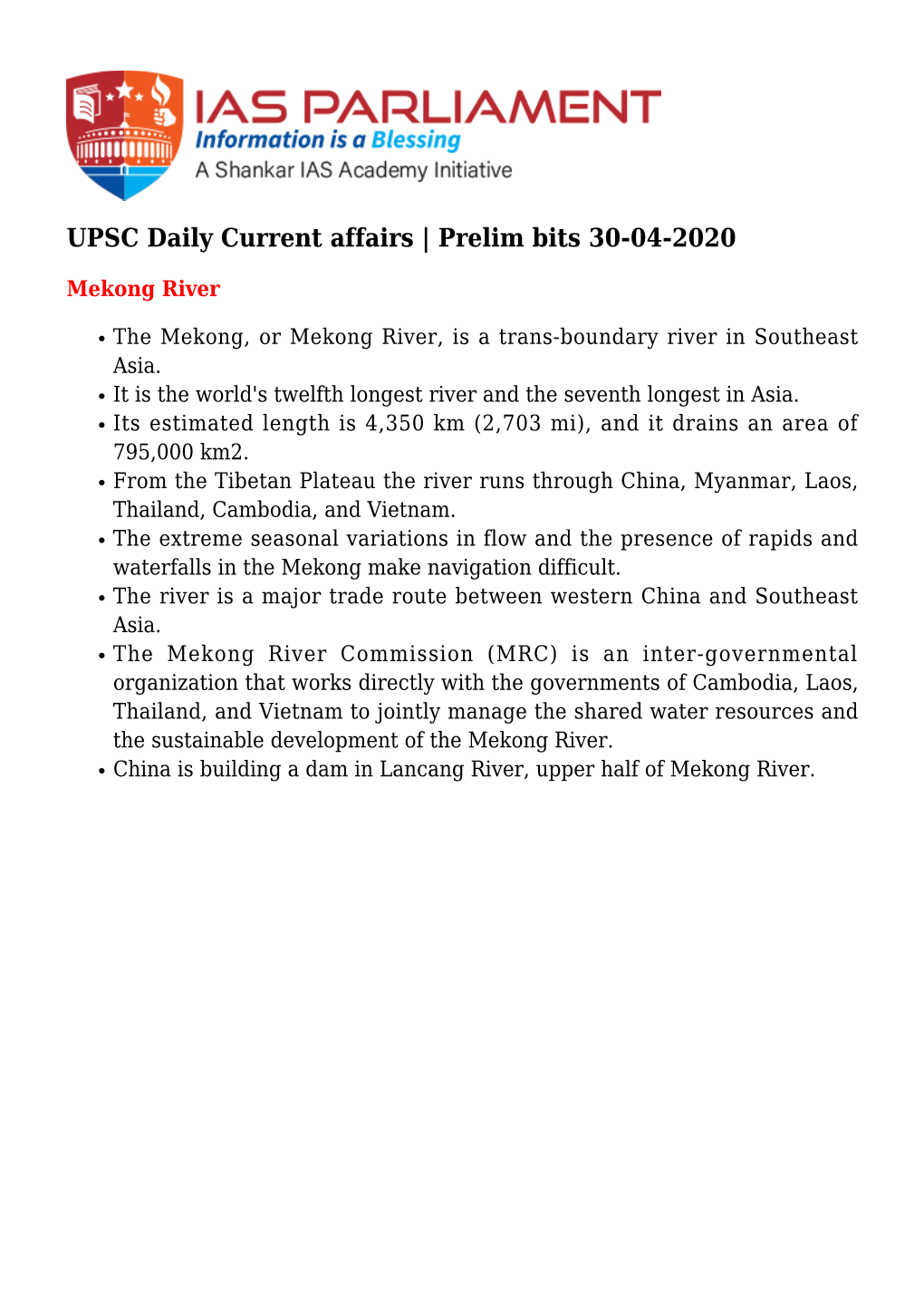 UPSC Daily Current Affairs | Prelim Bits 30-04-2020