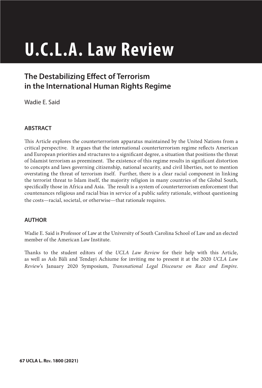 UCLA Law Review the Destabilizing Effect of Terrorism in The