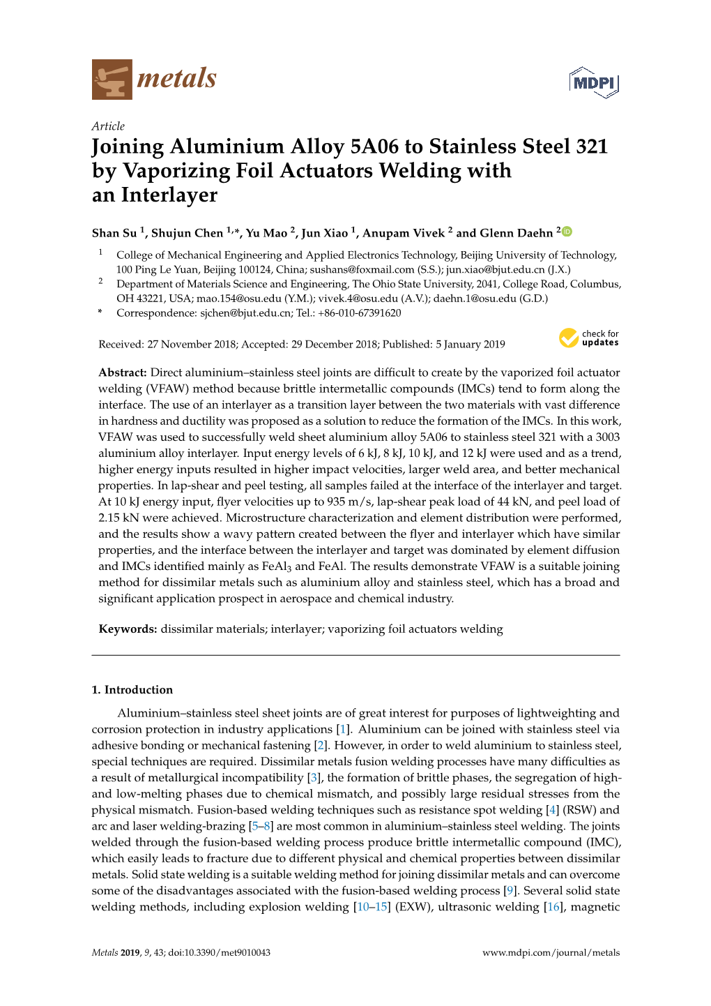 Joining Aluminium Alloy 5A06 to Stainless Steel 321 by Vaporizing Foil Actuators Welding with an Interlayer