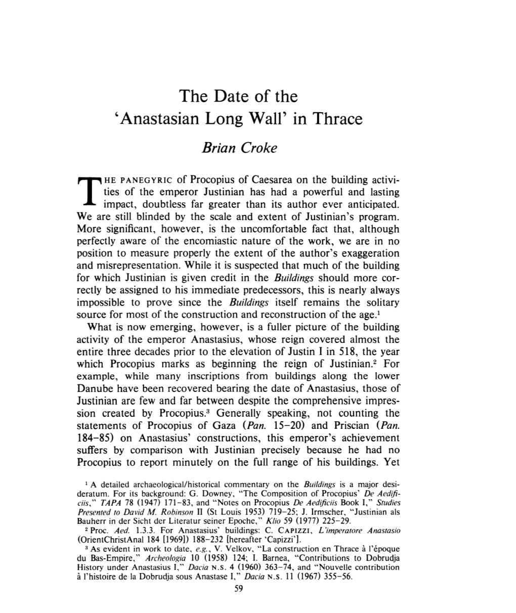 The Date of the 'Anastasian Long Wall' in Thrace , Greek, Roman and Byzantine Studies, 23:1 (1982:Spring) P.59