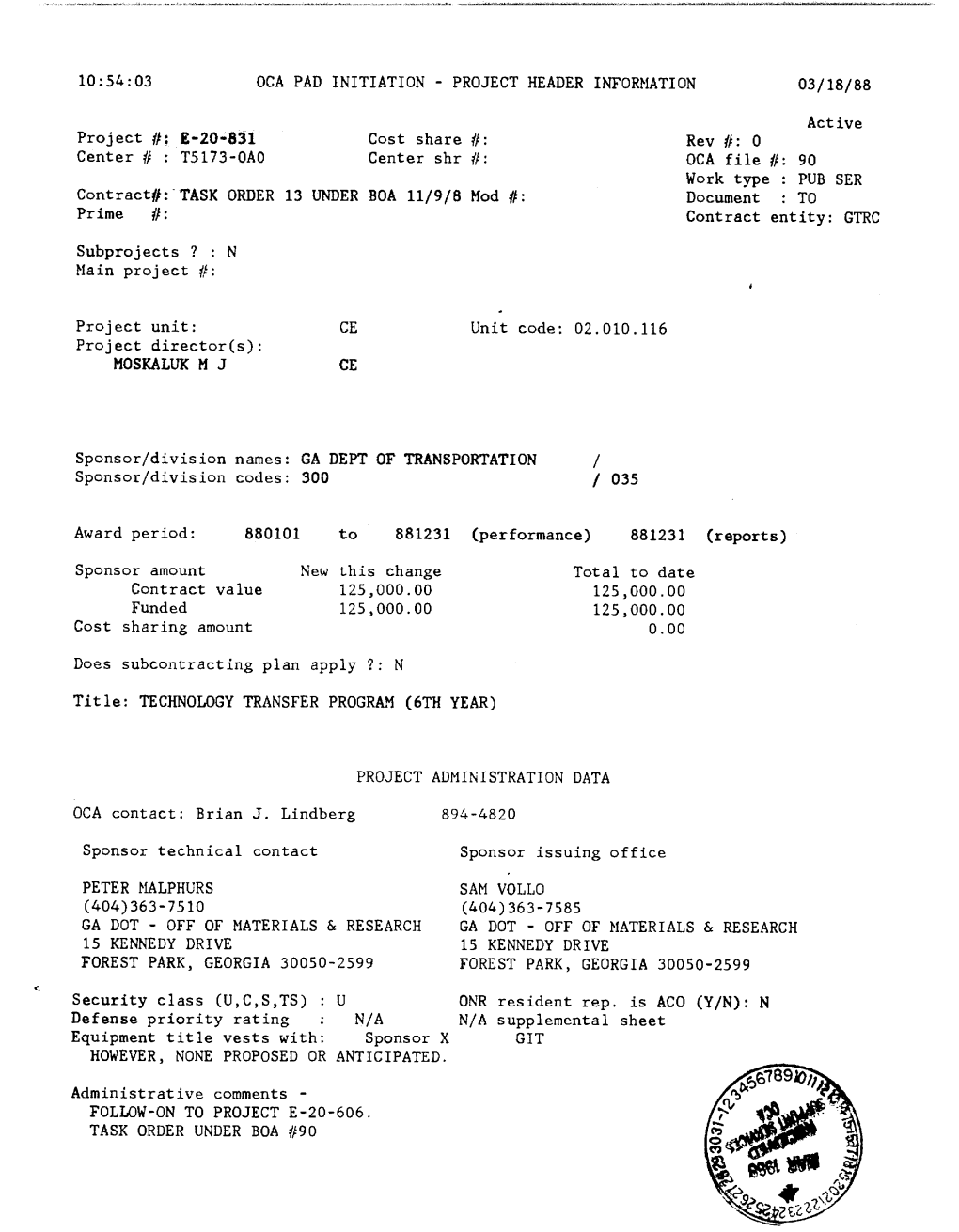 Oca Pad Initiation - Project Header Information 03/18/88