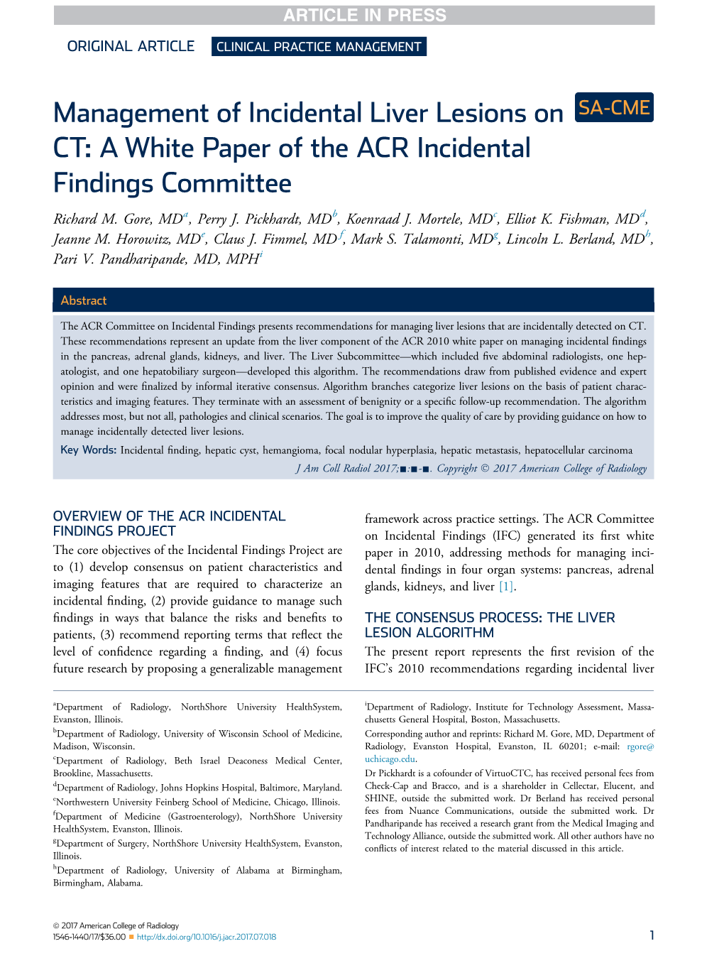 Management of Incidental Liver Lesions on CT: a White Paper of the ACR Incidental Findings Committee Richard M