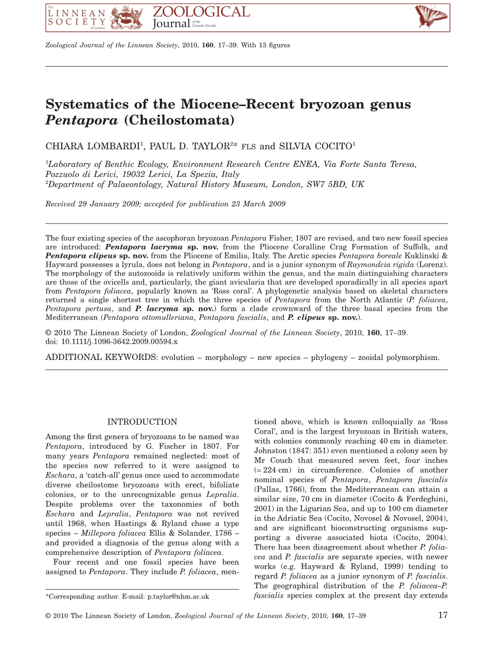 Systematics of the Miocene–Recent Bryozoan Genus Pentapora (Cheilostomata)