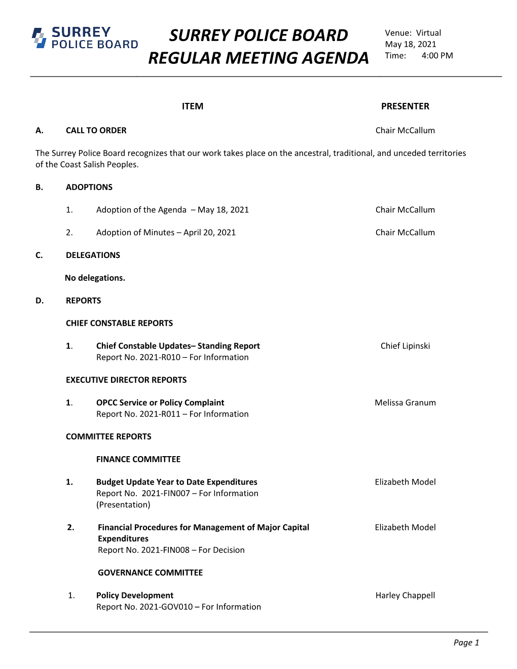 Surrey Police Board Agenda