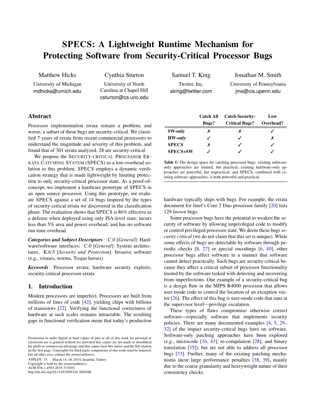 SPECS: a Lightweight Runtime Mechanism for Protecting Software from Security-Critical Processor Bugs