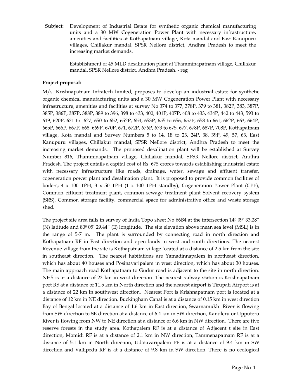 Page No. 1 Subject: Development of Industrial Estate for Synthetic