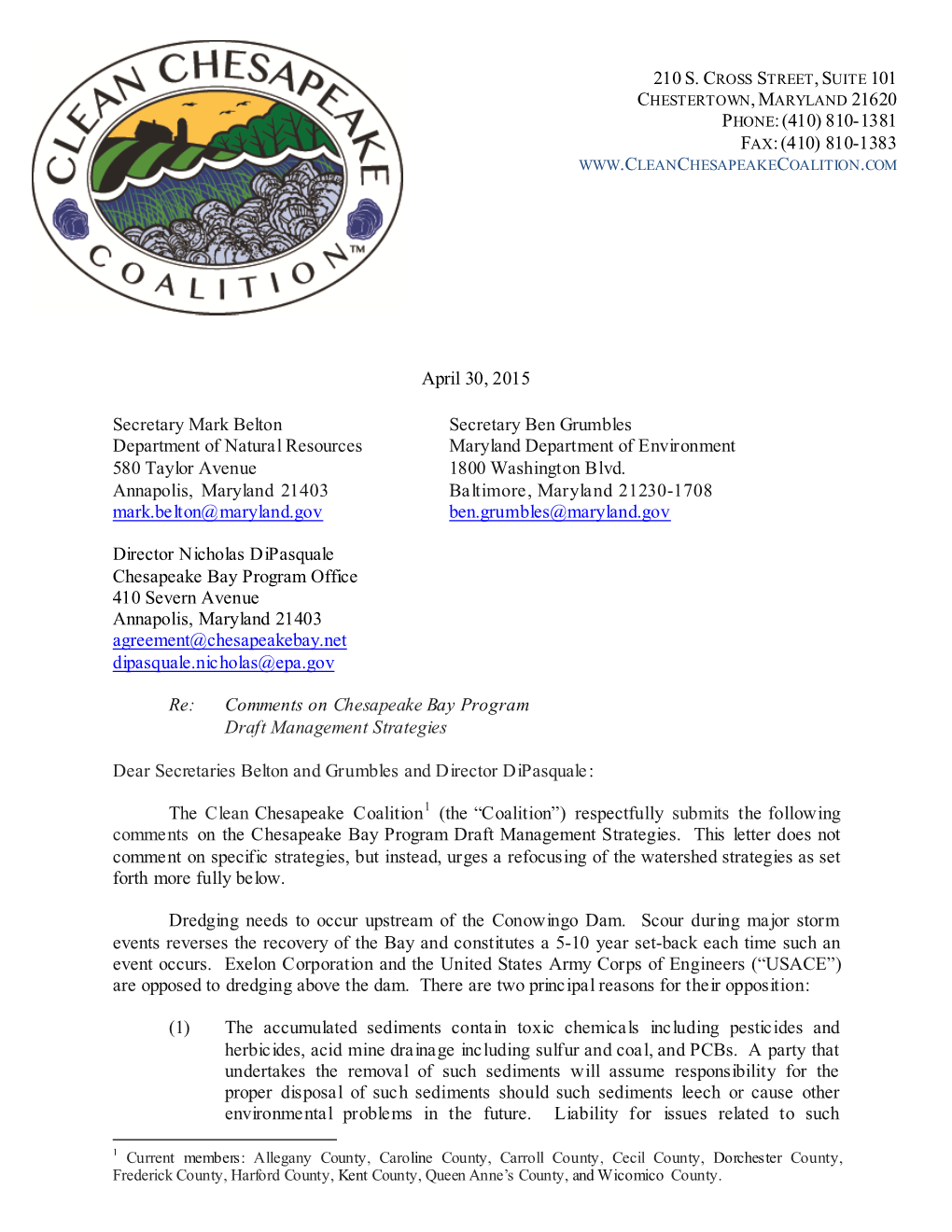 Letter from Clean Chesapeake Coalition