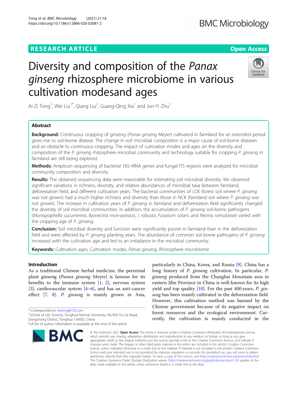 Diversity and Composition of the Panax Ginseng Rhizosphere Microbiome in Various Cultivation Modesand Ages