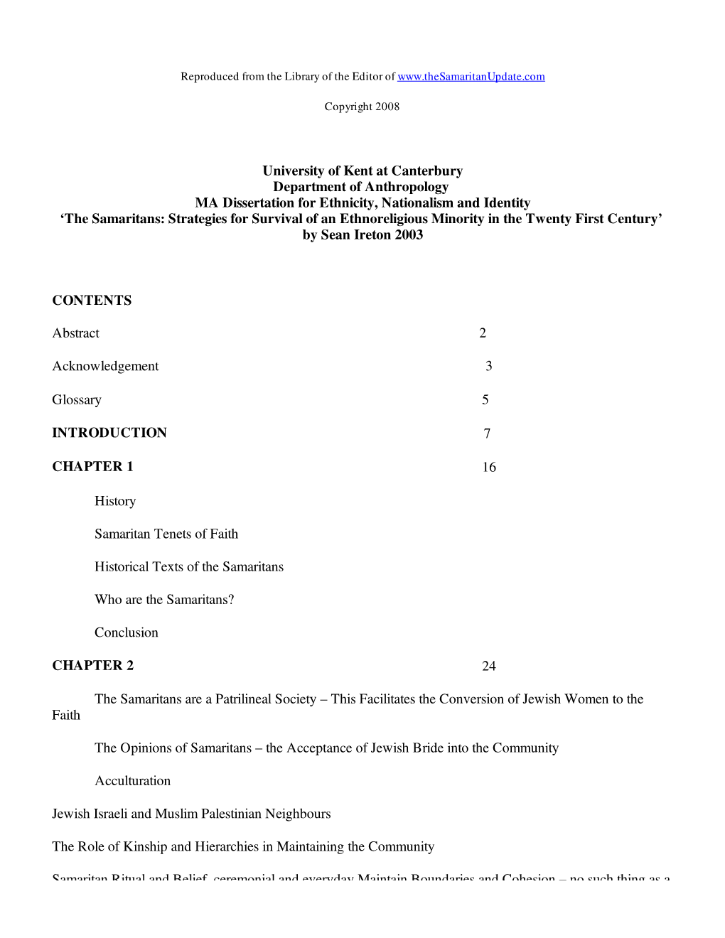 The Samaritans: Strategies for Survival of an Ethnoreligious Minority in the Twenty First Century’ by Sean Ireton 2003