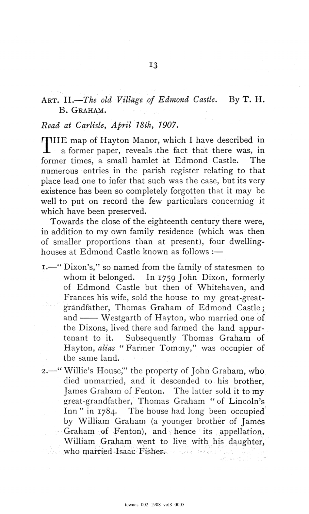 The Old Village of Edmond Castle. by THB GRAHAM. Read at Carlisle