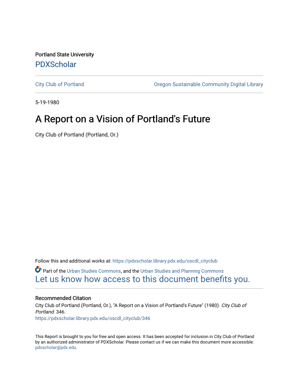 A Report on a Vision of Portland's Future