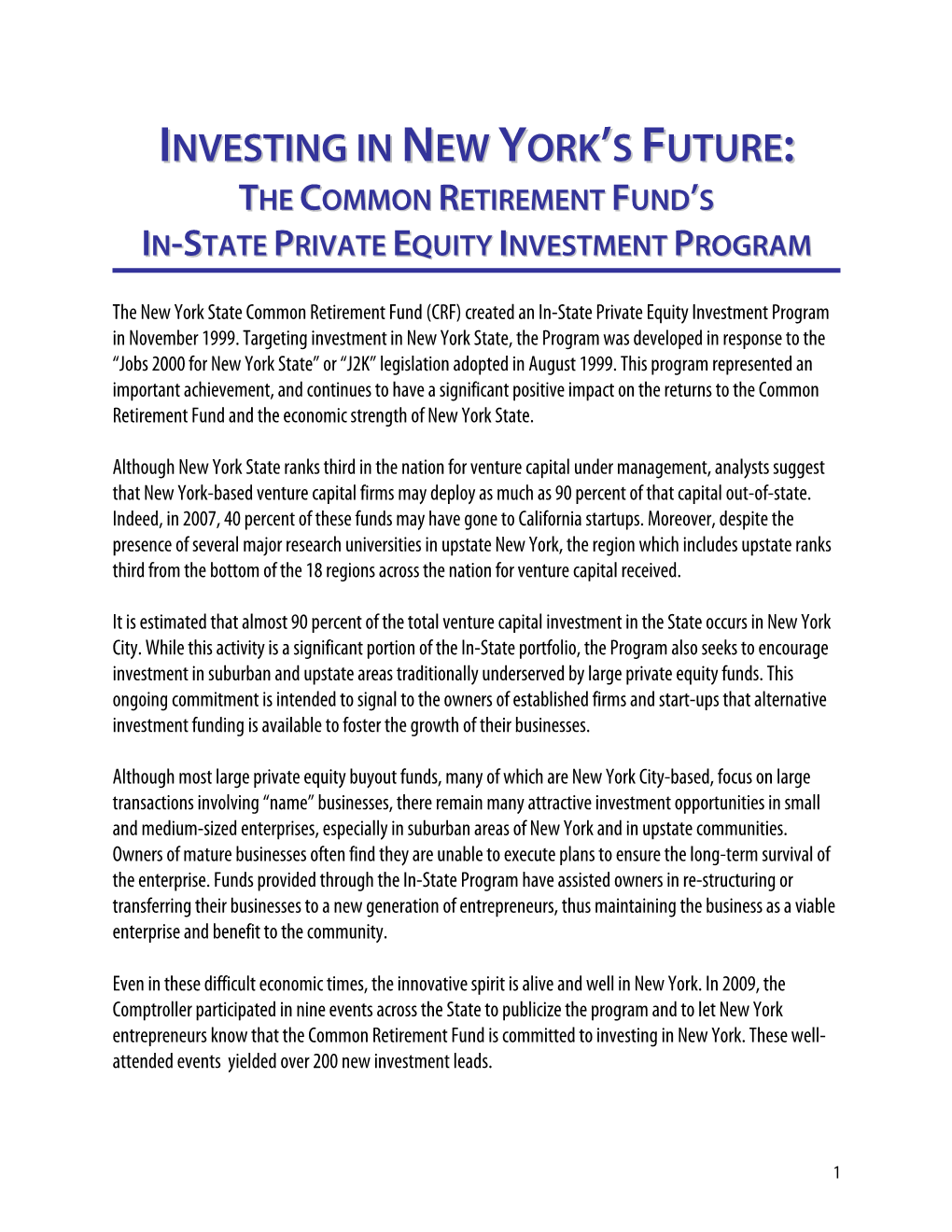 Investing in New York's Future: the Common Retirement Fund's In-State
