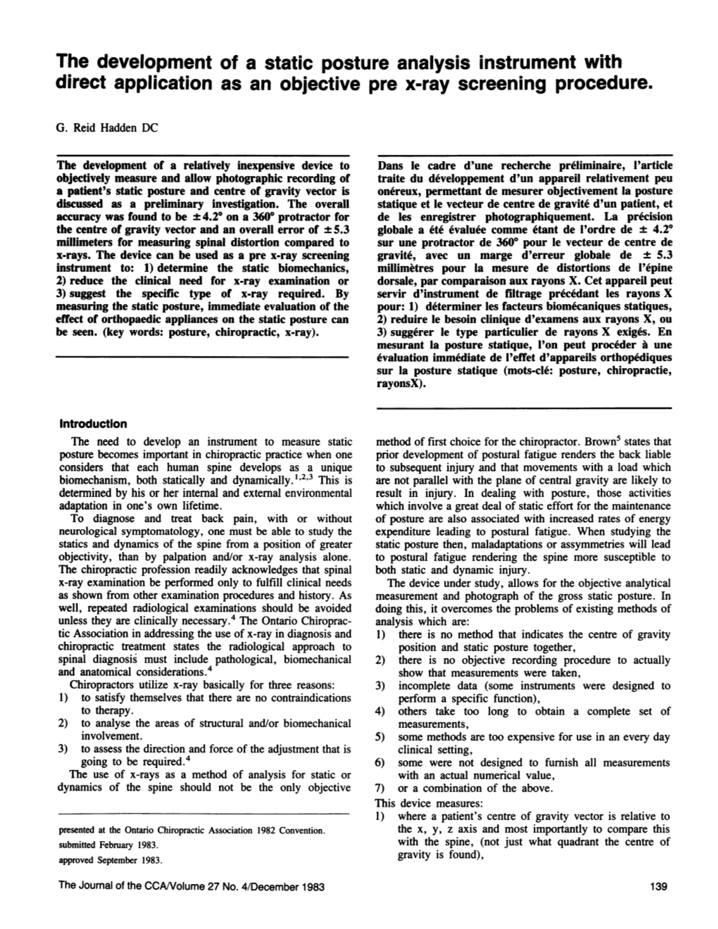 The Development of a Static Posture Analysis Instrument with Direct Application As an Objective Pre X-Ray Screening Procedure