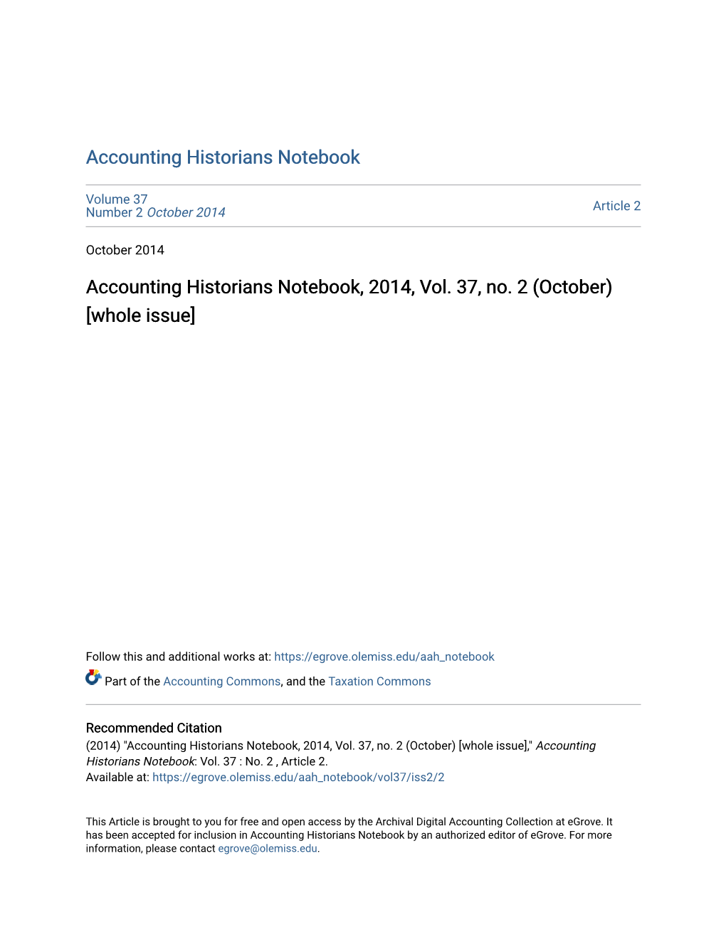 Accounting Historians Notebook, 2014, Vol. 37, No. 2 (October) [Whole Issue]