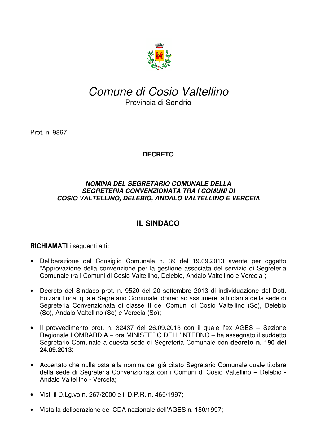 Comune Di Cosio Valtellino Provincia Di Sondrio