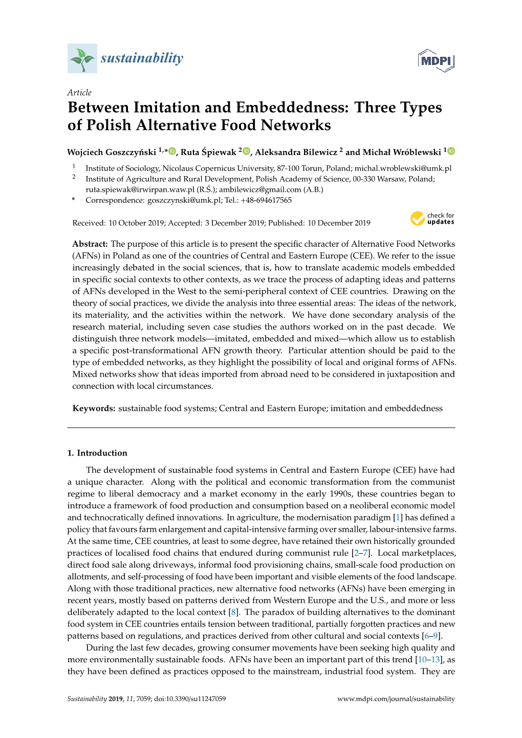 Between Imitation and Embeddedness: Three Types of Polish Alternative Food Networks