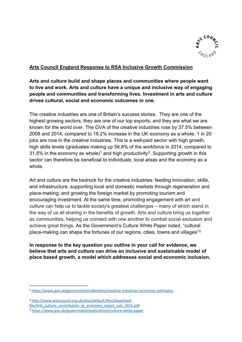 Arts Council England Response to RSA Inclusive Growth Commission