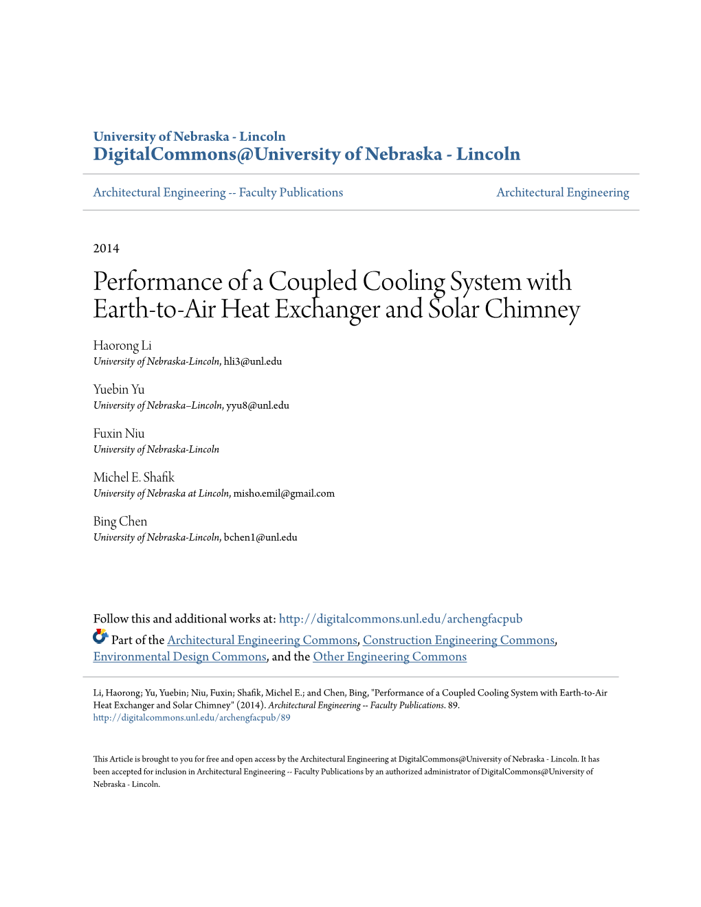 Performance of a Coupled Cooling System with Earth-To-Air Heat Exchanger and Solar Chimney Haorong Li University of Nebraska-Lincoln, Hli3@Unl.Edu