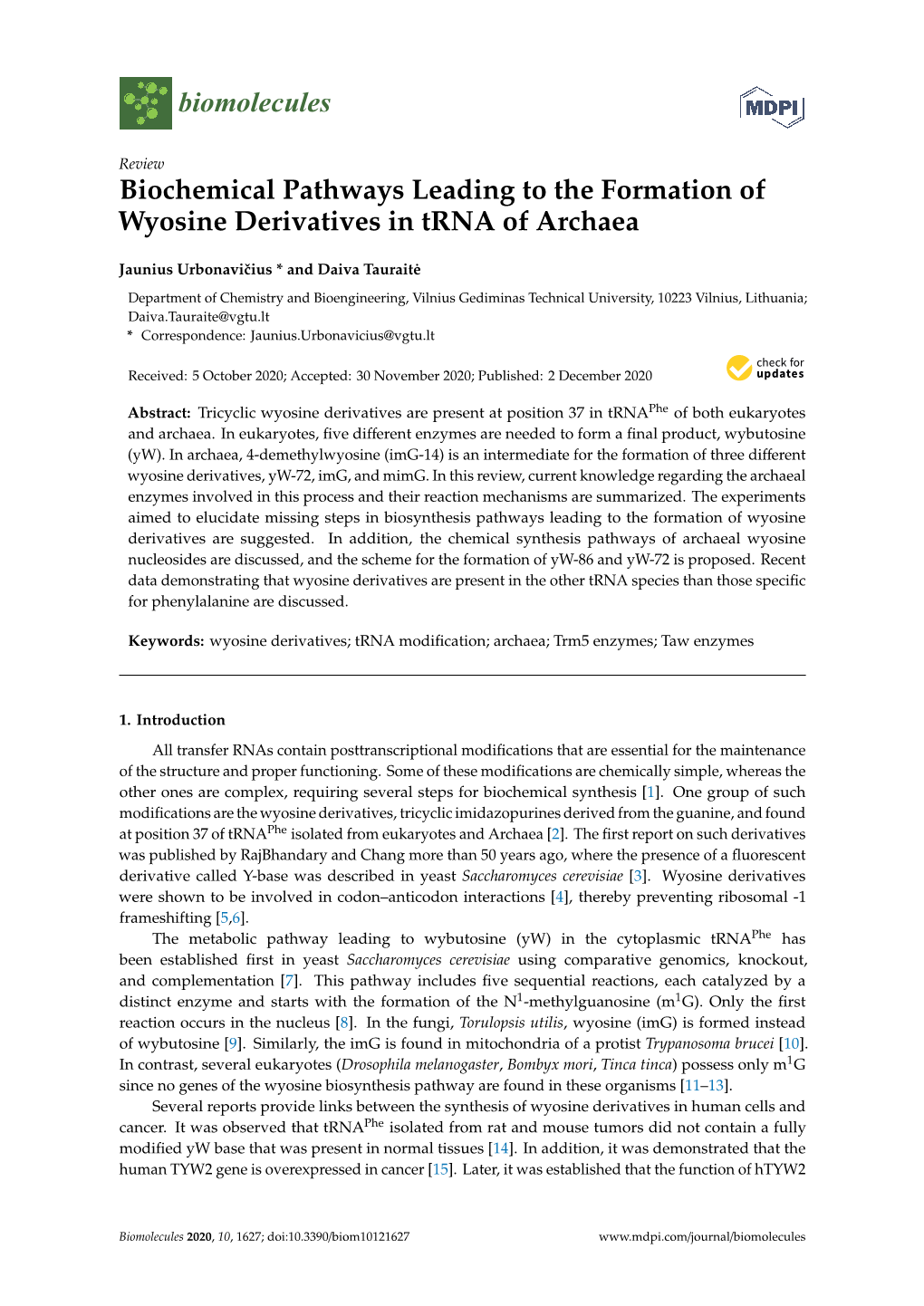 Biochemical Pathways Leading to the Formation of Wyosine Derivatives in Trna of Archaea