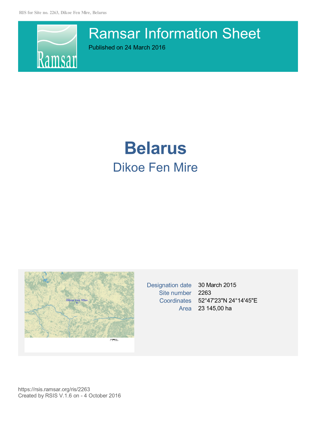 Belarus Ramsar Information Sheet Published on 24 March 2016
