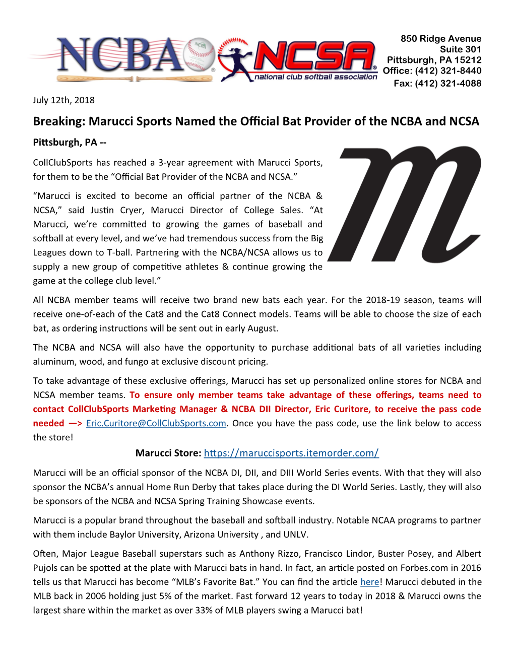 Breaking: Marucci Sports Named the Official Bat Provider of the NCBA