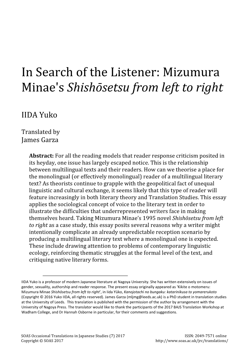 In Search of the Listener: Mizumura Minae's Shishōsetsu from Left to Right