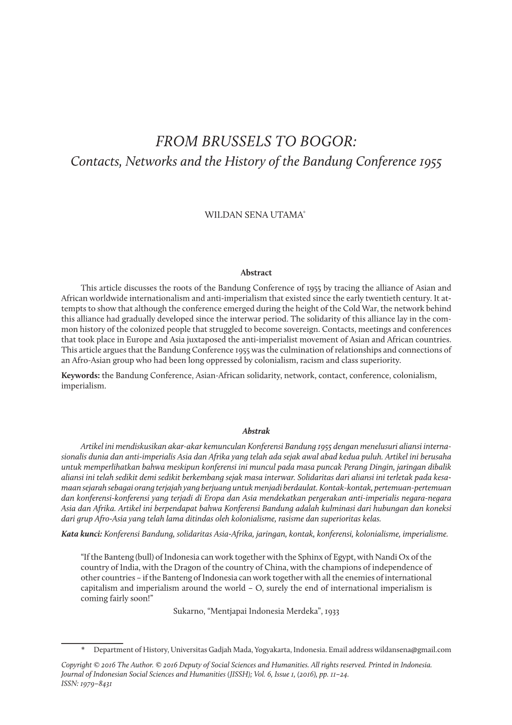 FROM BRUSSELS to BOGOR: Contacts, Networks and the History of the Bandung Conference 1955