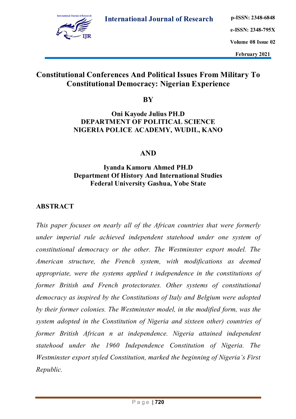 Constitutional Conferences and Political Issues from Military to Constitutional Democracy: Nigerian Experience