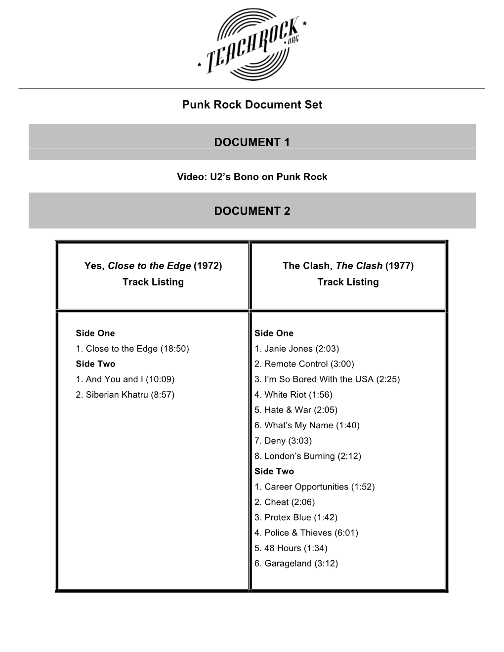 Punk Rock Document Set DOCUMENT 1 DOCUMENT 2